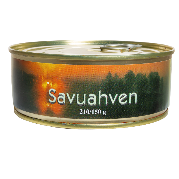 Une boîte ronde de Pielisen Kala présente sur son étiquette une perche fumée Pielisen Kala et un lac au coucher du soleil avec des arbres. Le poids, 210/150 g, est imprimé. Idéal comme tartinade de poisson fumé à l'aulne ou garniture gastronomique pour pâtes.