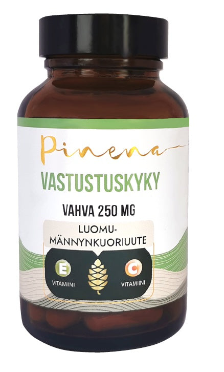 Une bouteille en verre brun étiquetée « Pinena Immunity » par Pinena, contenant de l'extrait deécorce de pin biologique, un complément antioxydant avec des icônes de vitamine E et de vitamine C sur l'étiquette.