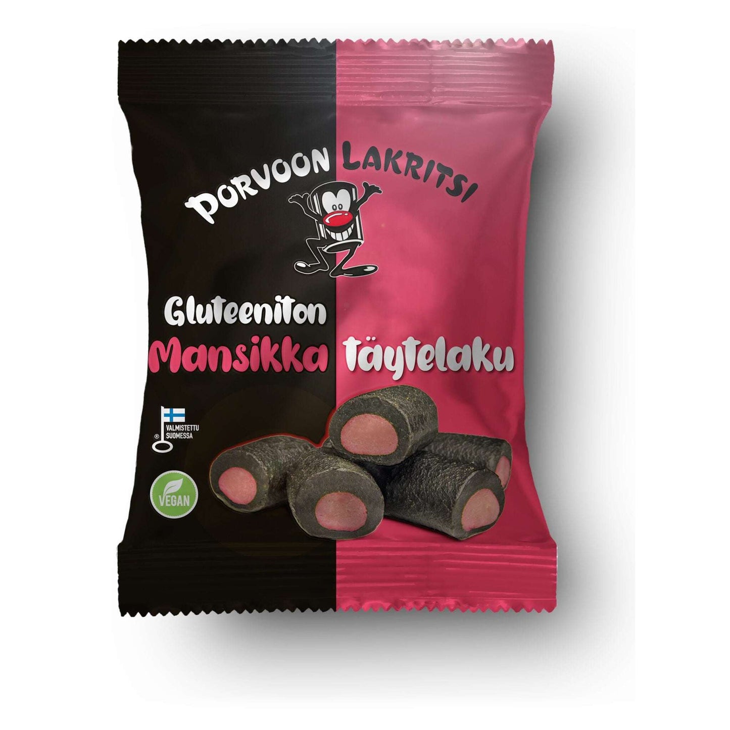 Porvoon Lakritsi Gluten Free Strawberry Licorice propose des rouleaux de réglisse végétaliens fourrés à la fraise, fabriqués à partir d'avoine finlandaise. L'emballage présente une mascotte de dessin animé et des images du produit sur un fond noir et rose.