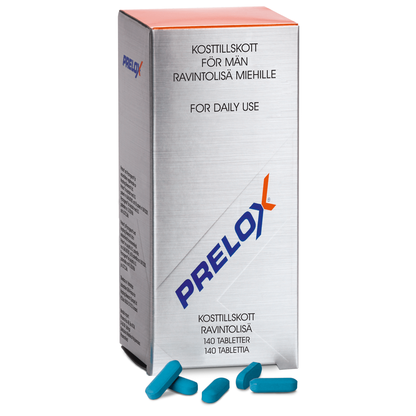 Une boîte de Prelox - Arginine, Taurine et Pycnogenol de Pharma Nord avec des comprimés bleus à l'avant. L'emballage multilingue met en avant le Pycnogenol pour une utilisation quotidienne par les hommes et contient 140 comprimés.