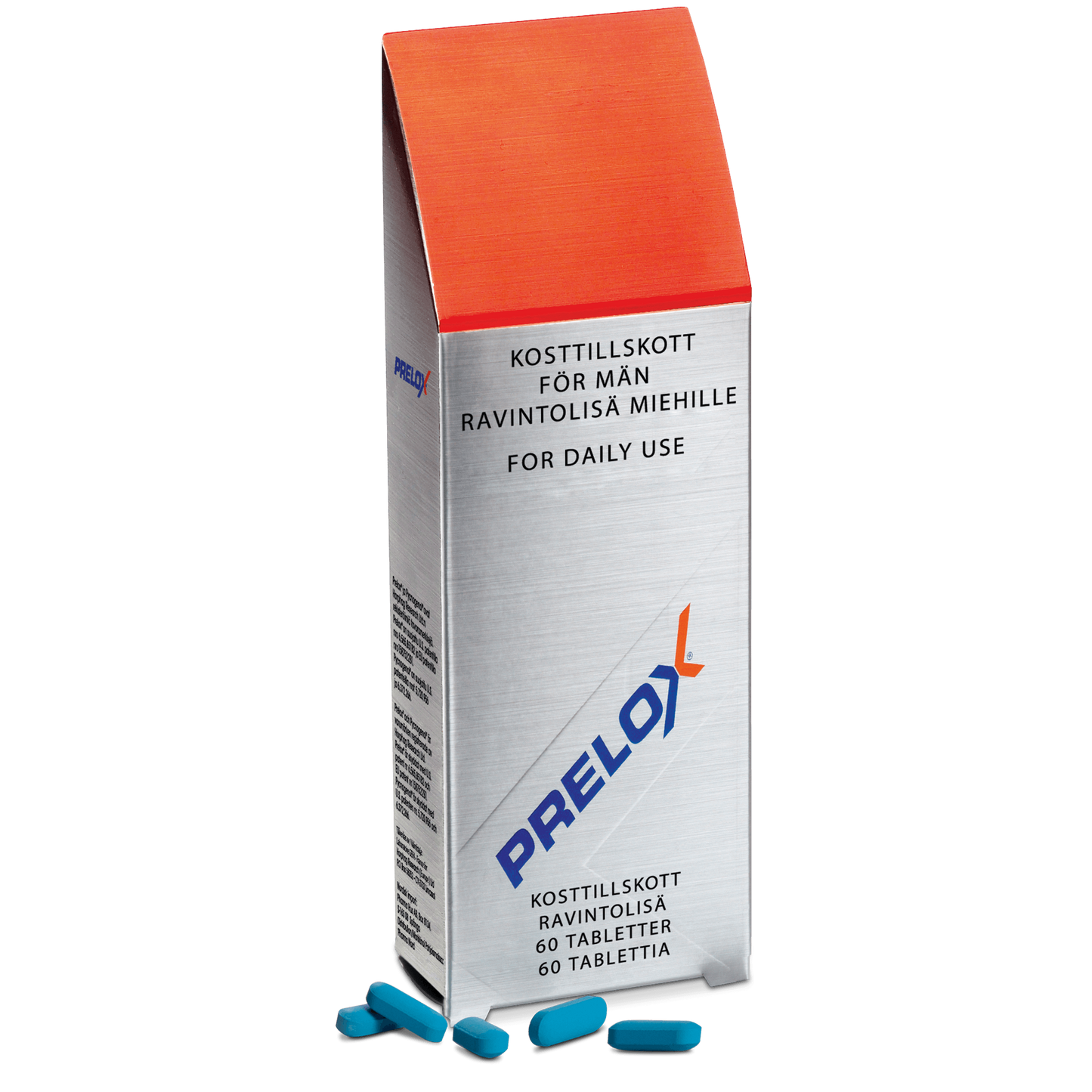 Une boîte argentée et orange portant la mention « Prelox - Arginine, Taurine et Pycnogenol » de Pharma Nord est posée debout, avec des comprimés bleus et plusieurs pilules en vrac à l'avant, indiquant qu'il s'agit de 60 comprimés alimentaires formulés comme complément alimentaire pour hommes.