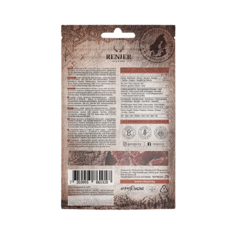 Dos d'un emballage Renjer Nordic Red Deer Jerky Chili & Lime de Renjer, comportant des informations détaillées, des icônes, un code-barres et des symboles de recyclage sur un fond brun texturé ; comprend des détails sur la viande de gibier sauvage et des sections de texte multilingues.