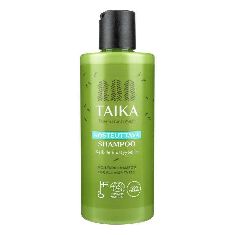 Une bouteille verte de shampooing hydratant Taika pour tous types de cheveux, avec un bouchon noir à rabat et un texte blanc, arbore sur son étiquette les icônes de certification végétalienne et naturelle.