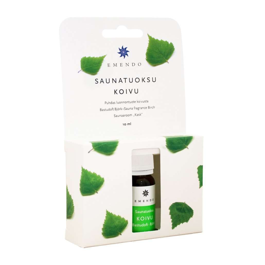 Le parfum pour sauna Birch d'Emendo est présenté dans une petite boîte décorée de feuilles de bouleau, avec un flacon de 10 ml visible à travers la fenêtre. Il offre un arôme nordique classique pour le sauna.