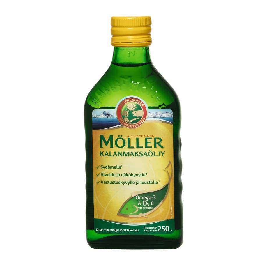 Une bouteille verte de 250 ml d'huile de foie de morue Möller, avec un bouchon jaune et une étiquette en finnois, riche en oméga-3, vitamines D, A et E, qui favorise la santé cardiaque, oculaire et immunitaire.