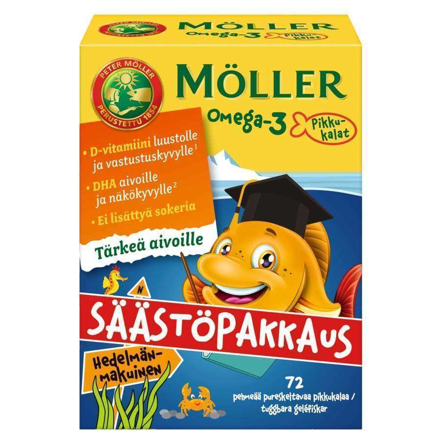 Boîte colorée contenant des compléments alimentaires Möller Omega-3 Little Fishes pour enfants, enrichis en vitamine D, avec un poisson souriant en dessin animé coiffé d'un chapeau de diplômé, texte en finnois et accents orange, bleu et jaune vifs pour favoriser la santé cérébrale.