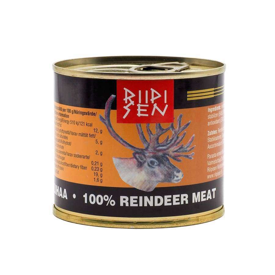 Une boîte de Riipisen 100 % viande de renne arbore une image de tête de renne, une étiquette noire inspirée de la Finlande avec du texte orange et blanc, ainsi que des informations nutritionnelles. Idéal pour des steaks authentiques. Marque : Riipisen.