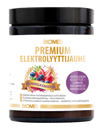 Un barattolo da 120 g di Biomed Premium Electrolyte Powder Berries di Biomed, una polvere idratante finlandese adatta alla dieta chetogenica, presenta un colorato disegno di bacche e un'etichetta viola Kuningasmarja.
