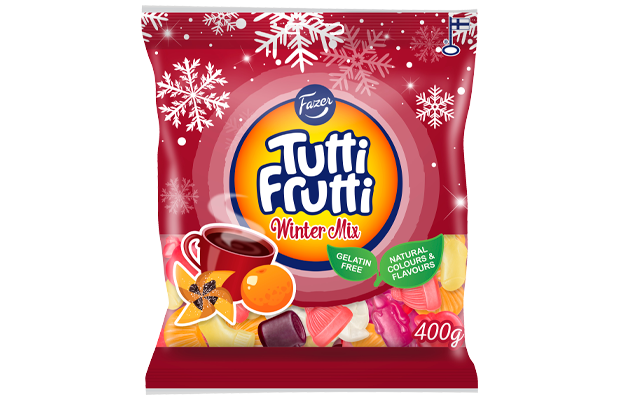 Una confezione da 400 g di caramelle alla frutta Fazer Tutti Frutti Winter Mix di Fazer, con confezione rossa a forma di fiocco di neve, con immagini di frutta e caramelle e etichette che indicano l'assenza di gelatina e l'uso di coloranti e aromi naturali: perfette per i dolcetti natalizi.