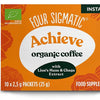 Caffè Four Sigmatic ai funghi Four Sigmatic Lion's Mane: una confezione arancione di Four Sigmaticcontenente estratti di Lion's Mane e Chaga, etichettato come integratore alimentare. Contiene 10 bustine (2,5 g ciascuna).