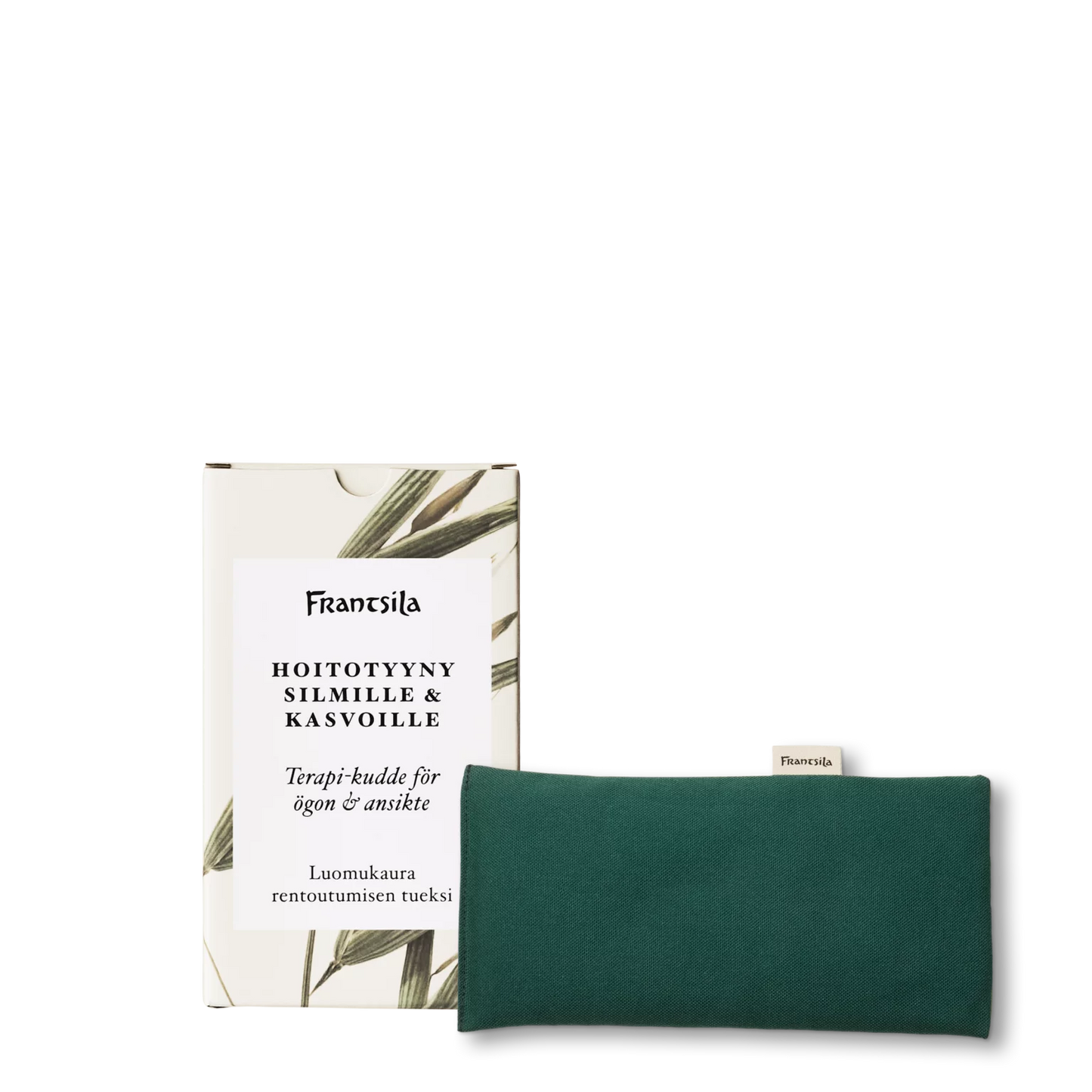 Il cuscino Frantsila Care Pillow for Eyes and Face, un cuscino terapeutico ecologico realizzato in cotone certificato GOTS, è raffigurato davanti alla sua confezione caratterizzata da motivi botanici e testo in finlandese-svedese, il tutto su sfondo bianco.