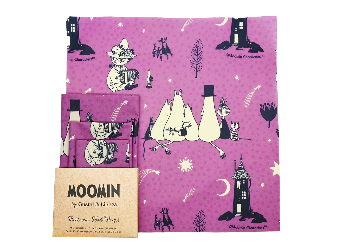 Tre involucri alimentari ecologici in cera d'api viola di Gustaf & Linnea, con personaggi Moomin bianchi e neri con stelle e lune. Confezionati come "Gustaf & Linnea Moomin Beeswax Food Wrap".