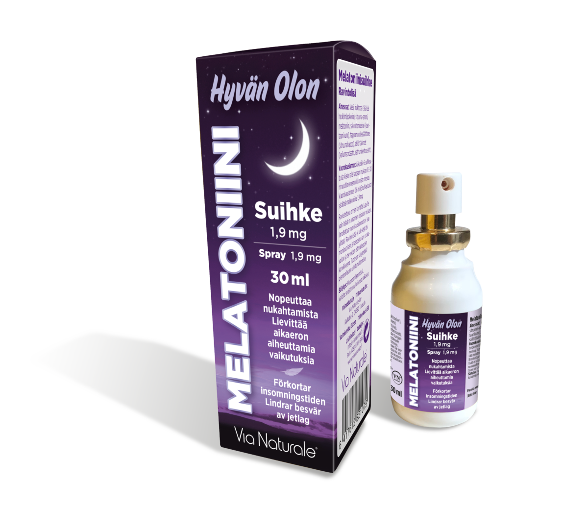Una confezione e un flacone di Via Naturale Melatonin Spray, 1,9 mg, 30 ml. La confezione viola presenta scritte bianche, l'immagine di una luna crescente e informazioni in finlandese e svedese: un efficace aiuto per dormire e un rimedio contro il jet lag di Via Naturale.