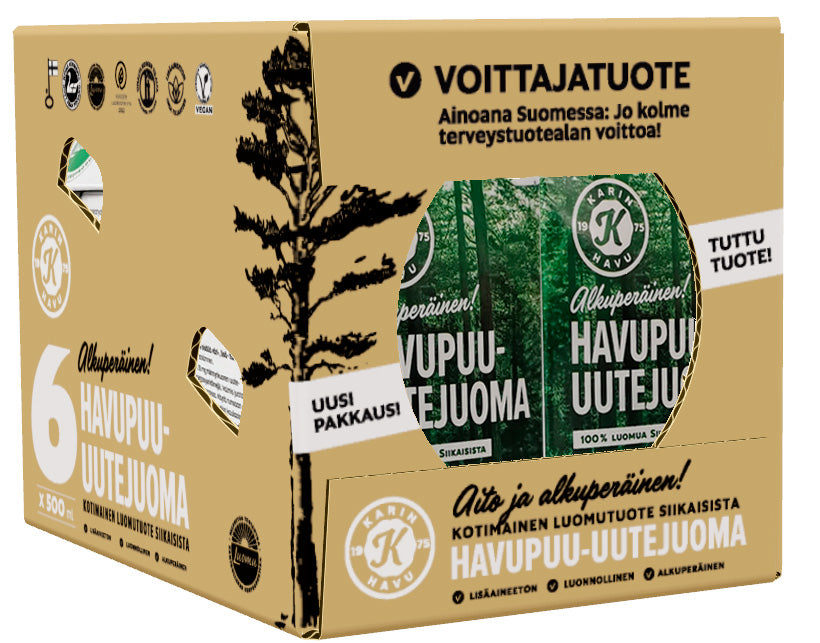 La confezione da 6 bottiglie di Kari's Pine Extract Drink è contenuta in una scatola di cartone con etichette in finlandese, immagini di alberi e un ritaglio che mostra le bottiglie all'interno. Ogni bottiglia è ricca di antiossidanti naturali provenienti dall'estratto di corteccia di pino finlandese.