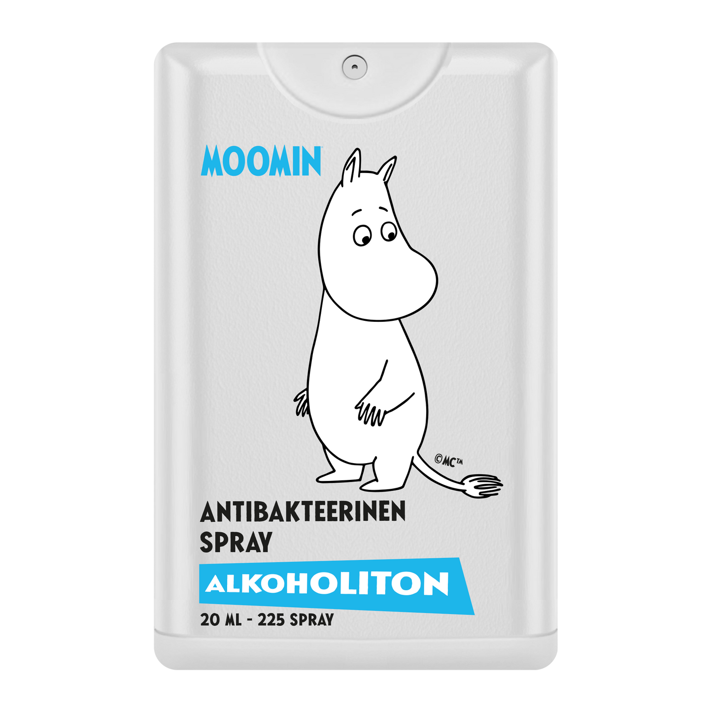 Lo spray antibatterico per le mani senza alcool Moomin è contenuto in un flacone rettangolare bianco con un'illustrazione dei Moomin. Si infila facilmente in tasca e offre 225 spruzzi di protezione antibatterica senza alcool (20 ml).