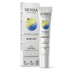 Mossa Acne Act Spot Treatment è indicato per pelli grasse e acneiche e contiene estratti di uva spina e mirtillo, olio di melaleuca e acido salicilico. La confezione riporta i simboli "vegan" e "dermatologicamente testato". Fornito in tubetto e scatola.