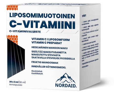 Una confezione di Nordaid Liposomal Vitamin C di Nordaid presenta scritte in finlandese e svedese di colore blu e grigio, evidenzia il supporto al sistema immunitario, i benefici e il gusto al mango. La confezione contiene 30 dosi da 3 ml ciascuna.