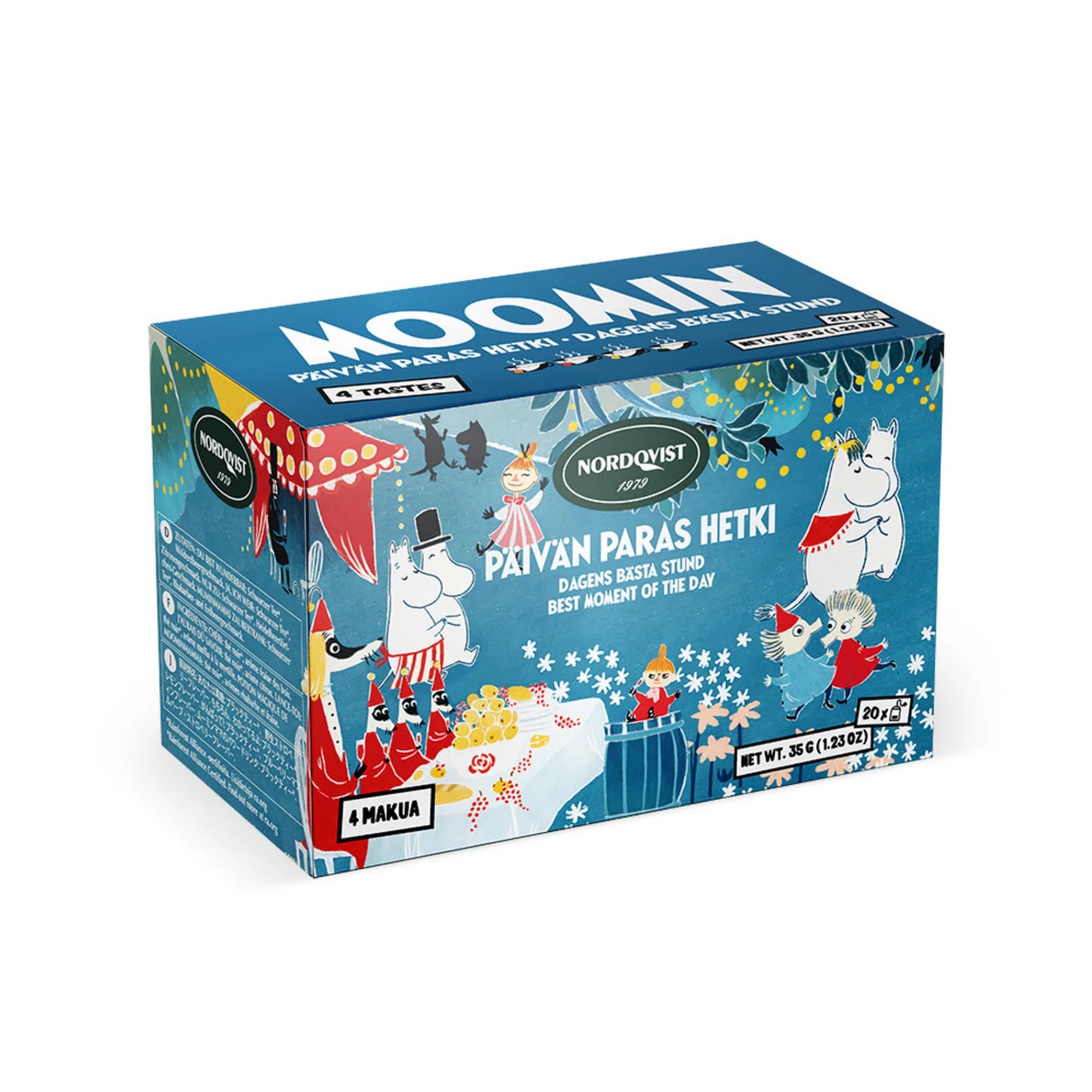 Nordqvist Best Moment of the Day presenta i personaggi Moomin su una confezione blu con testo in finlandese e inglese. Contiene 20 bustine di tè nero. Marca: Nordqvist.