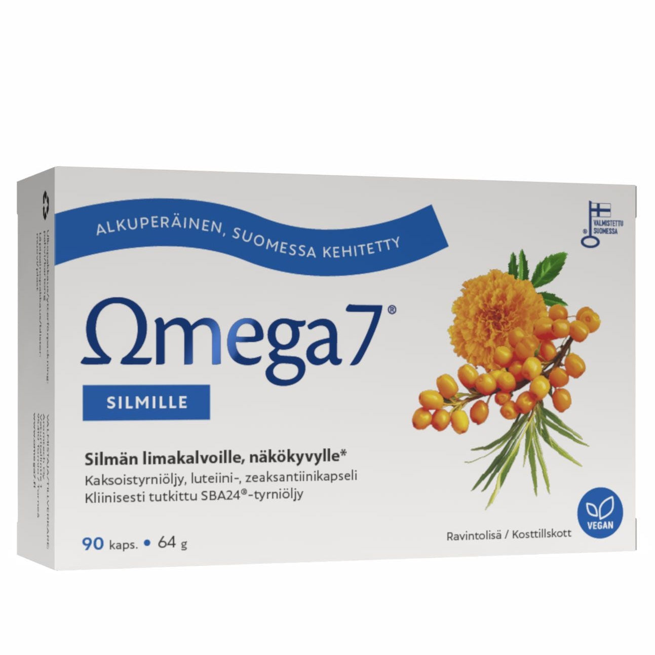 Una confezione di Omega7 Eye di Omega7, con immagini di calendula e olivello spinoso per evidenziare l'olio di olivello spinoso per la salute degli occhi. La confezione include un testo in finlandese e un simbolo vegano nell'angolo in basso a destra.