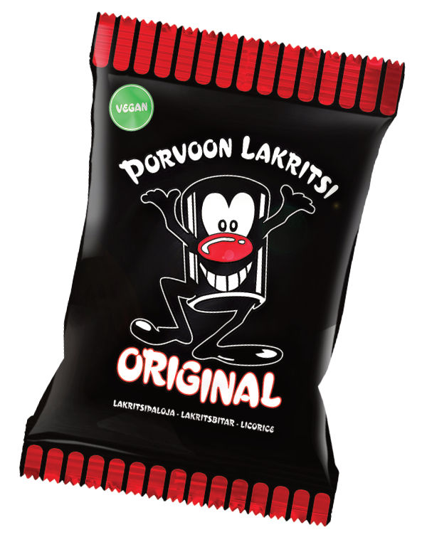 Una confezione nera con dettagli rossi recante la scritta Porvoon Lakritsi Original Licorice raffigura una mascotte cartoon con grandi occhi, naso rosso e braccia alzate. La confezione riporta l'etichetta vegana, ideale per gli amanti della liquirizia di alta qualità. Marca: Porvoon Lakritsi.