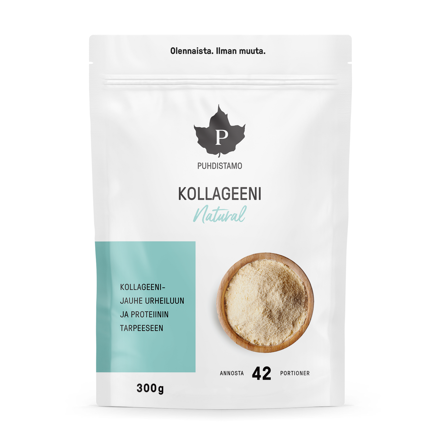 Una confezione bianca e azzurra di Puhdistamo Collagen Natural collagen powder, con l'immagine di una ciotola di legno sul davanti. Il prodotto, confezionato in Finlandia, contiene 300 g di prodotto per 42 porzioni e contiene peptidi di collagene Bodybalance per il benessere quotidiano.