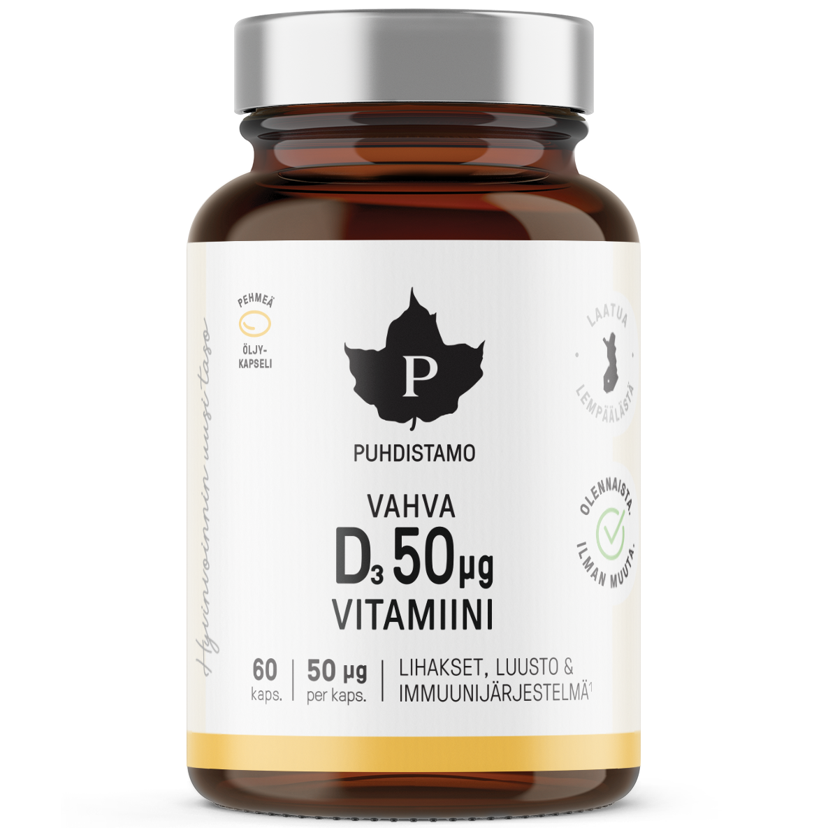 Una bottiglia di vetro marrone di integratore Puhdistamo Strong Vitamin D 50 mikrog con etichetta bianca e tappo argentato. L'etichetta finlandese riporta le informazioni sul prodotto e le icone relative al supporto per muscoli, ossa e sistema immunitario.