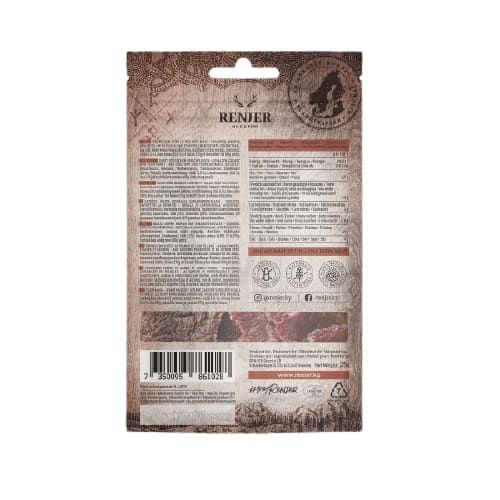 Retro della confezione di Renjer Nordic Red Deer Jerky Chili & Lime di Renjer, con informazioni dettagliate, icone, codice a barre e simboli di riciclaggio su uno sfondo marrone testurizzato; include dettagli sulla carne di selvaggina e sezioni di testo multilingue.
