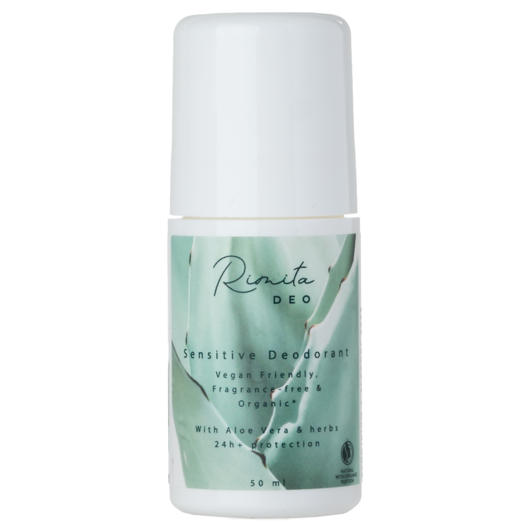 Deodorante roll-on bianco RimitaDeo Sensitive Unscented Aluminium Deodorant da 50 ml di Rimita Green. Vegano, senza profumo, biologico e ideale per pelli sensibili con aloe vera ed erbe aromatiche.