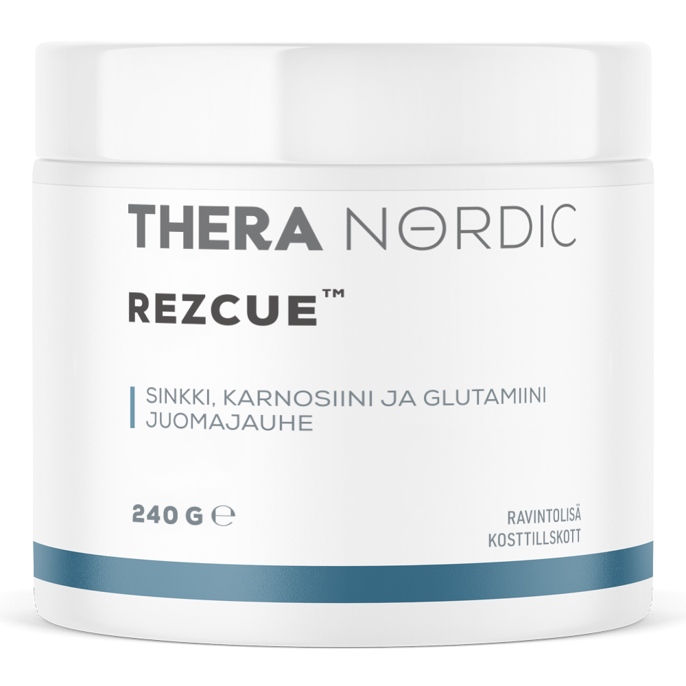 Confezione bianca di THERA Nordic Rezcue Drink Powder con dettagli blu, etichettata con zinco, carnosina e glutammina per il supporto intestinale. Peso netto: 240 g. Marca: THERA Nordic.