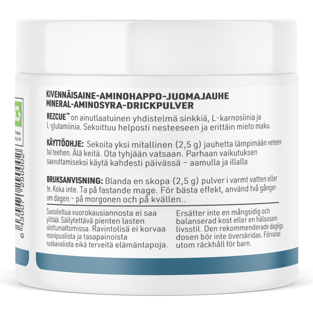 La bevanda in polvere THERA Nordic Rezcue Drink Powder è contenuta in un contenitore di plastica bianco con etichetta in finlandese e svedese, che riporta in dettaglio il contenuto di minerali e aminoacidi, i benefici per la salute intestinale, le istruzioni per l'uso, le informazioni sulla conservazione e gli ingredienti.