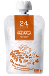 Una bustina bianca e arancione con l'etichetta Valo24h Date-Cocoa Smoothie contiene datteri, fave di cacao e semi. Questo snack senza glutine e senza additivi contiene 120 g di olio di semi di lino: una delizia genuina per gli amanti del cioccolato firmata Valo24h.