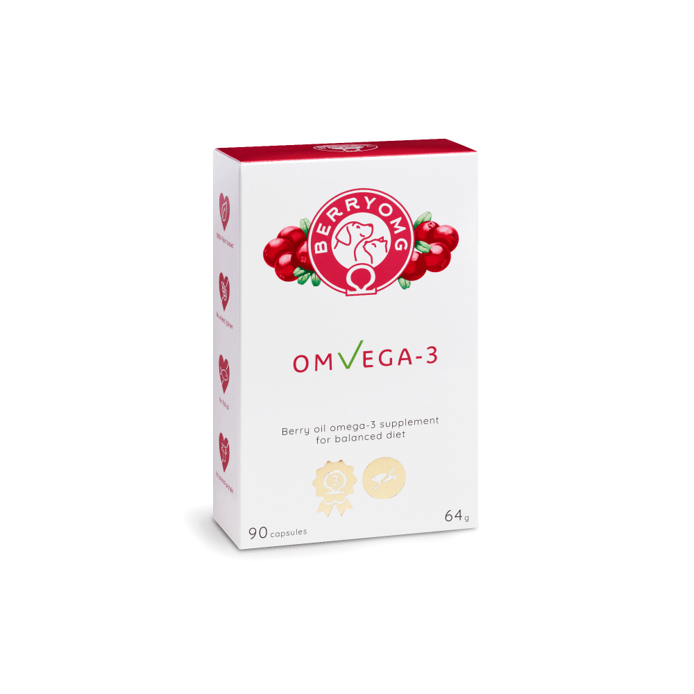 Una confezione bianca di Berry OMG di Berry OMG, un integratore vegano a base di olio di bacche con accenti rossi, immagini di mirtilli rossi e 90 capsule per una dieta equilibrata. La confezione presenta un logo con un uccellino rosa e mette in evidenza il contenuto di acidi grassi omega.