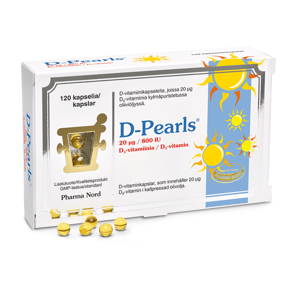 Una confezione di Pharma Nord D-Pearls 20 mikrog vitamina D3 mostra l'immagine di un sole, una finestra trasparente con capsule gialle e capsule sparse davanti. Il testo in finlandese e svedese sottolinea il supporto al sistema immunitario e alla salute delle ossa.