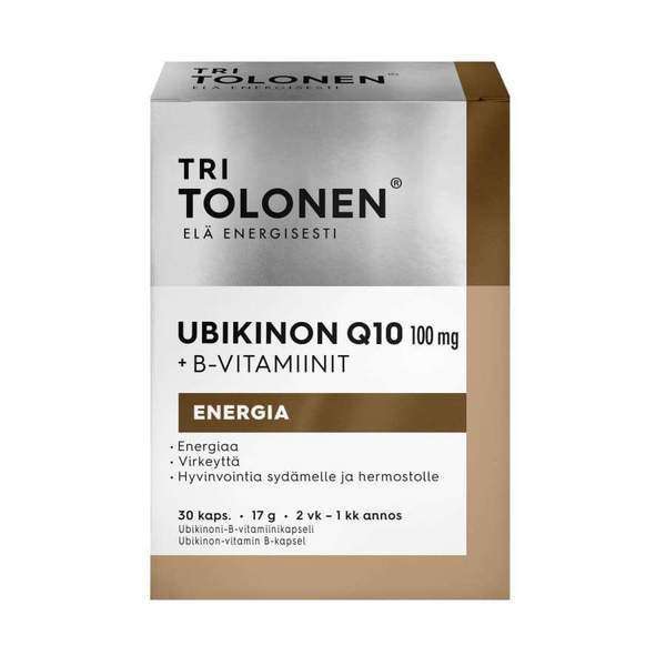 Dr. Tolonen Ubiquinone 100 mg + Vitamina B è un integratore energetico confezionato in una scatola bianca e dorata con testo in finlandese sulle vitamine e l'energia. Ogni confezione di Dr. Tolonen contiene 30 capsule.