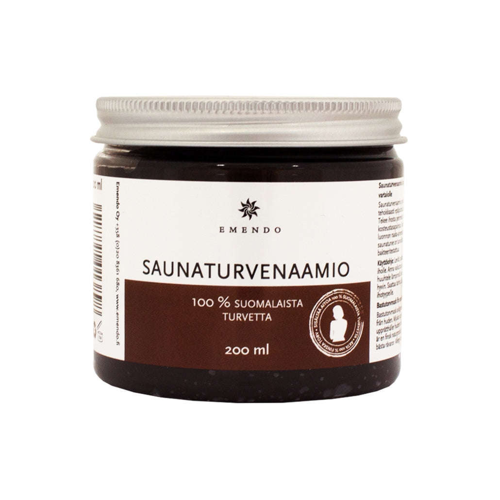 La maschera alla torba Emendo Sauna, un barattolo da 200 ml per viso e corpo, contiene torba finlandese, ha un'etichetta bianca e marrone, un coperchio argentato ed è prodotta da Emendo.