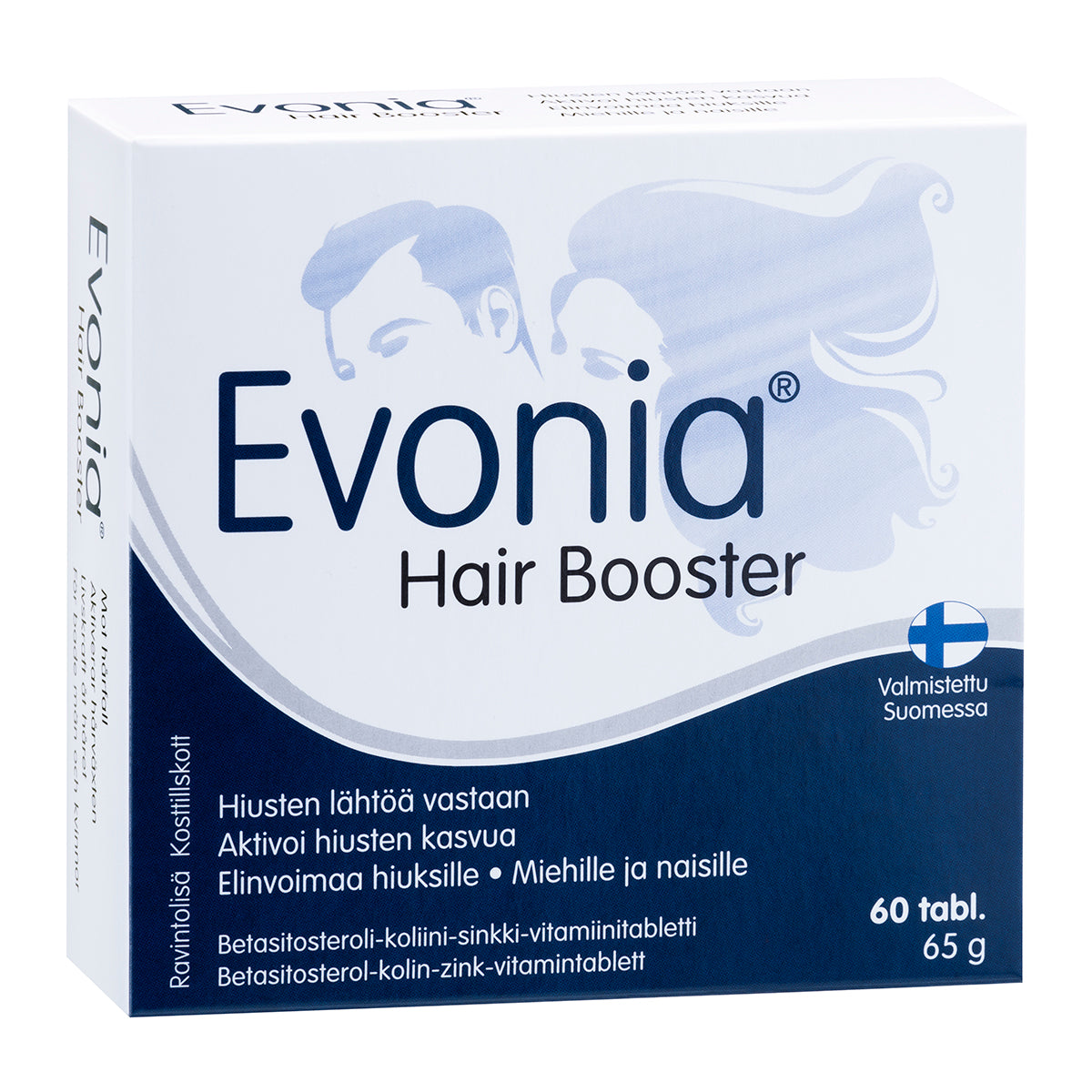 Una confezione di compresse Hankintatukku Evonia Hair Booster, con le sagome blu di un uomo e una donna, favorisce la salute dei capelli e combatte la calvizie maschile. La confezione (65 g) contiene 60 compresse con informazioni in finlandese e inglese.