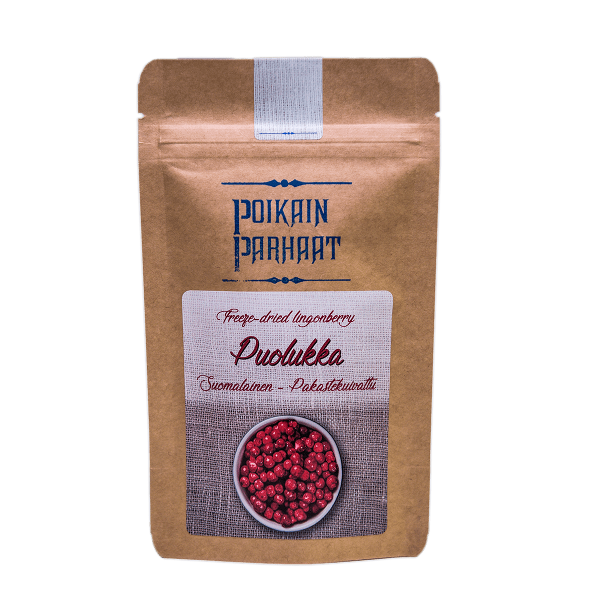 Una busta richiudibile marrone della Poikain Parhaat con l'etichetta "Lingonberry liofilizzato finlandese" raffigura una ciotola di bacche ricche di antiossidanti e un testo in finlandese sul davanti.