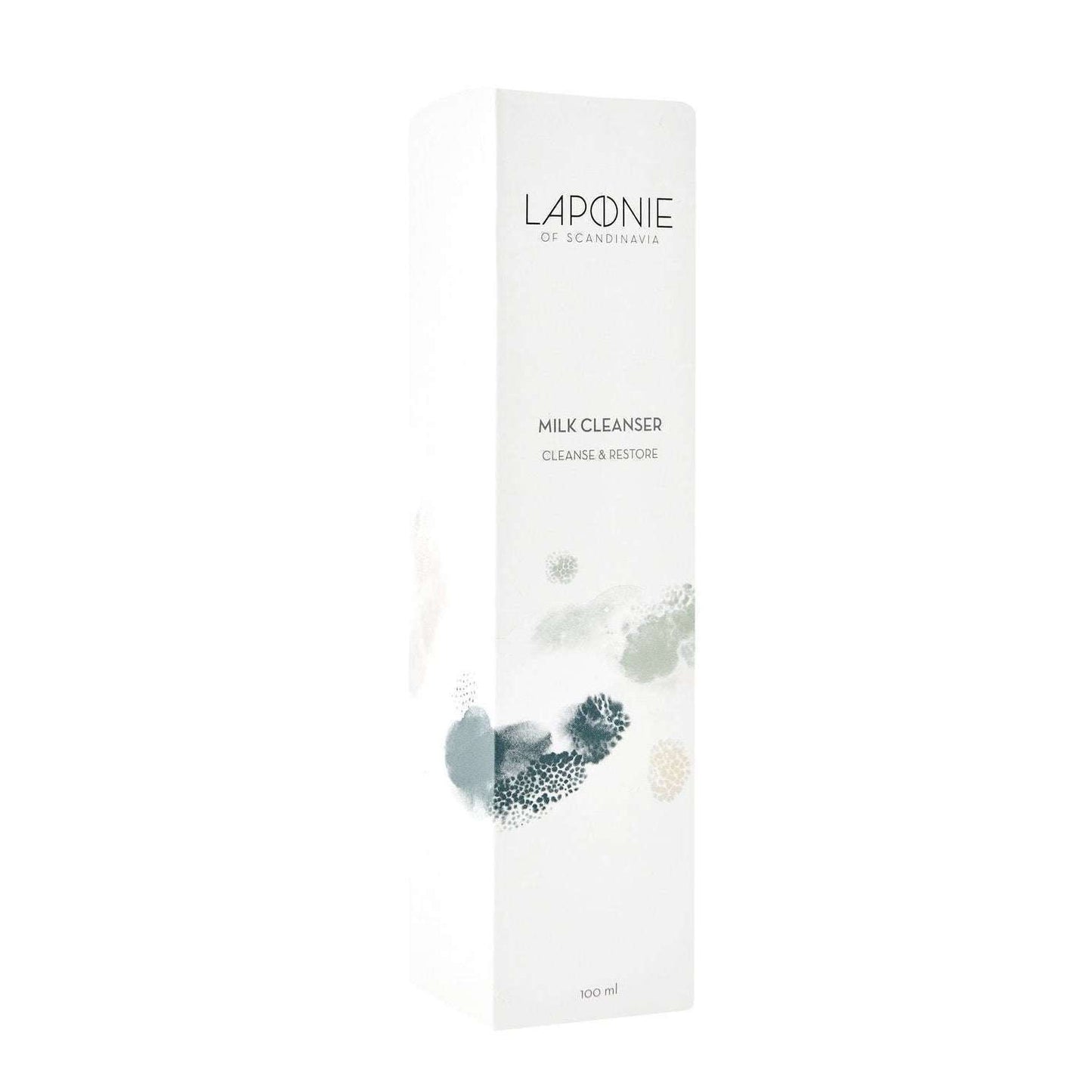Una confezione rettangolare bianca di Laponie of Scandinavia Cleanser, 100 ml, con disegni astratti minimalisti; latte detergente delicato ideale per pelli sensibili.