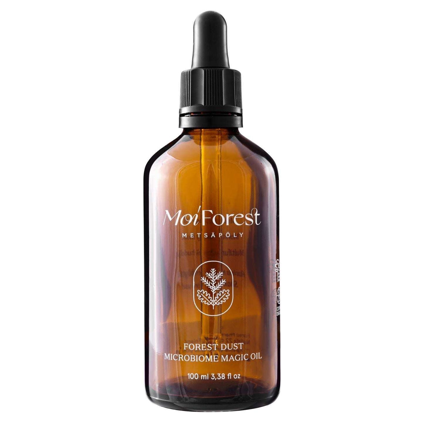 Un flacone contagocce in vetro marrone con l'etichetta Moi Forest Microbiome Magic Oil, 100 ml, presenta una semplice illustrazione di una pianta bianca. Questo olio multiuso per la pelle di Moi Forest formulato con oli biologici per sostenere il naturale equilibrio della pelle.