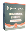 Una confezione di estratto di corteccia di pino biologico Pinena, con testo in finlandese, logo raffigurante una pigna su sfondo verde, motivi ondulati arancioni e beige ed etichetta con indicazione della concentrazione di 50 mg.