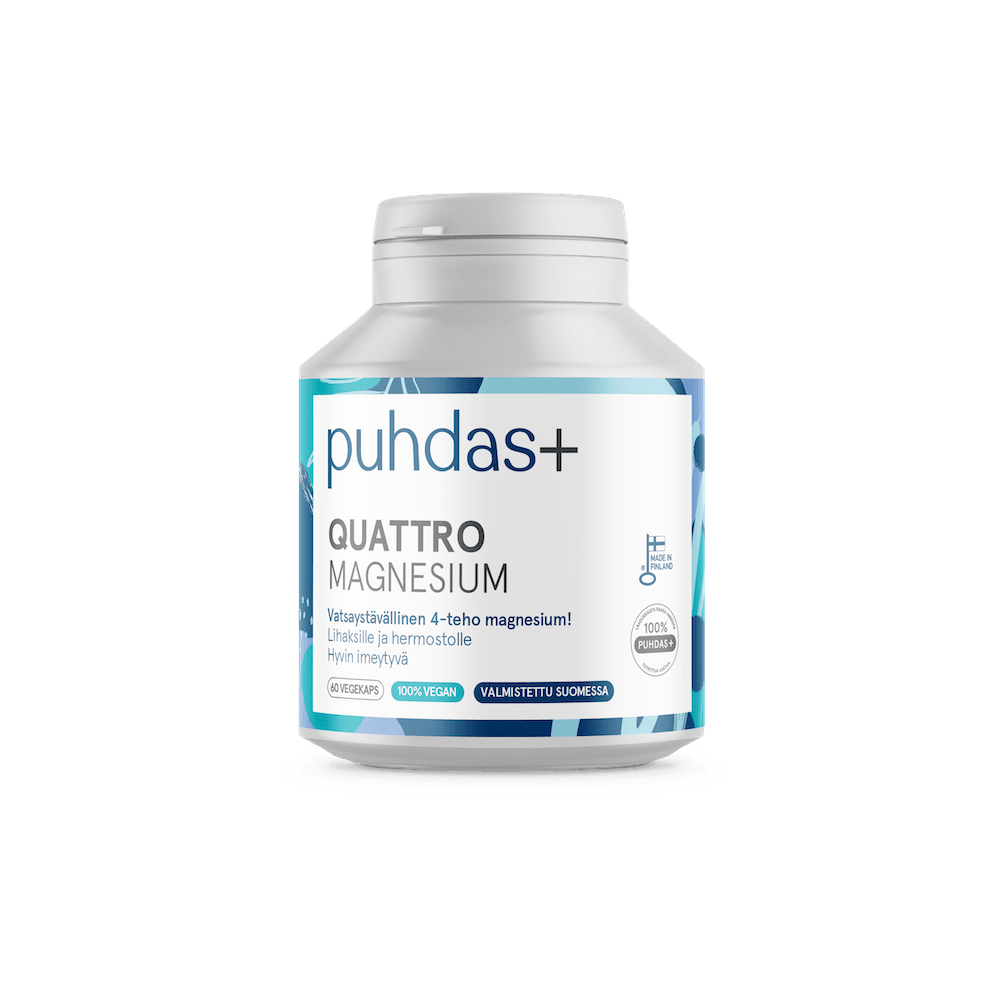 Una bottiglia bianca di capsule di magnesio Puhdas+ , con etichetta blu e bianca, formula vegana, alto assorbimento e origine finlandese: un integratore di magnesio ideale Puhdas+ gli atleti, prodotto da Puhdas+ , su uno sfondo semplice.