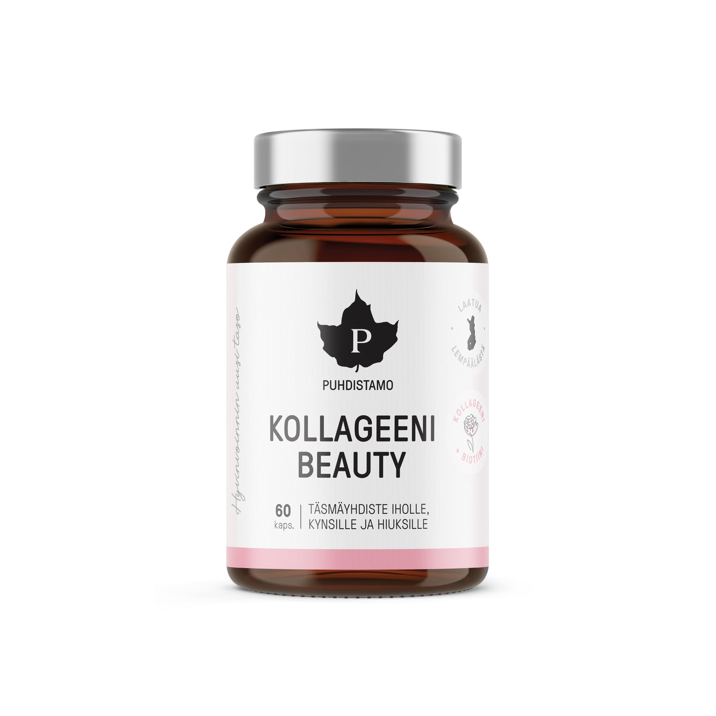 Una bottiglia di vetro marrone con tappo argentato etichettata Puhdistamo Beauty Collagen by Puhdistamo, contenente 60 capsule con peptidi di collagene Verisol per la salute di pelle, unghie e capelli. L'etichetta bianca presenta un testo nero e rosa con un logo a forma di foglia.