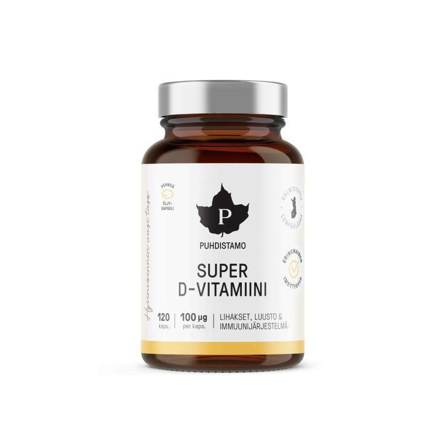 Flacone di vetro marrone con etichetta Puhdistamo Super Vitamin D 100 mikrog di Puhdistamo, con tappo nero ed etichetta bianca con testo e icone in finlandese; contiene 120 capsule di vitamina D3.