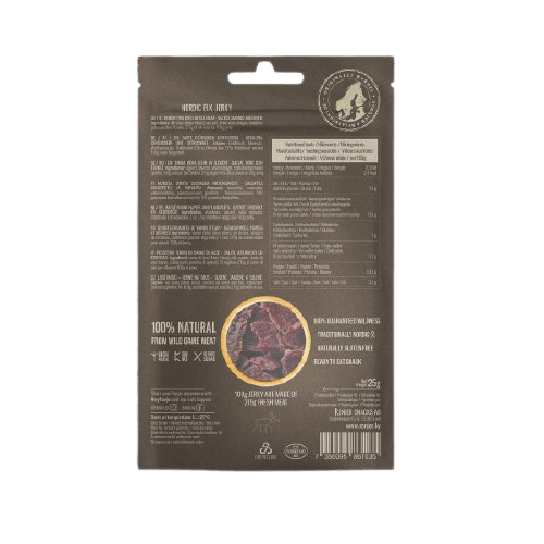 Vista posteriore della confezione di Renjer Nordic Elk Jerky Sea Salt: marrone scuro con testo bianco. Riporta informazioni nutrizionali, ingredienti e altre informazioni. Una finestra rotonda mostra il contenuto di carne secca di alce. I loghi del marchio e le certificazioni sono riportati nella parte inferiore.