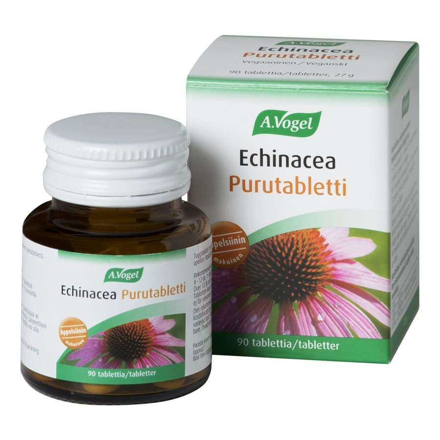 A.Vogel Echinacea Chewable, un integratore alimentare, è disponibile in un flacone e in una confezione con testo in finlandese sul supporto immunitario. Entrambe le confezioni riportano immagini di echinacea purpurea e accenti di verde, che enfatizzano il marchio A.Vogel.