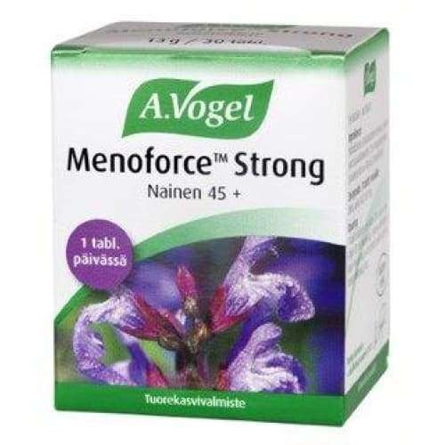 A.Vogel Menoforce Strong è un integratore a base di erbe prodotto da A.Vogel per le donne oltre i 45 anni, che aiuta ad alleviare i sintomi della menopausa. La confezione presenta un fiore viola e un testo in finlandese.