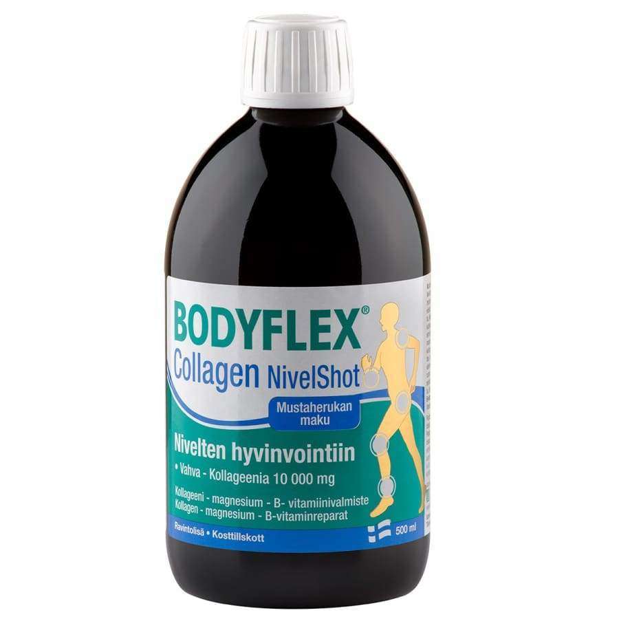 Una bottiglia di Hankintatukku Bodyflex Collagen NivelShot presenta un tappo nero, un'etichetta blu-verde-bianca con l'immagine di un'articolazione umana e testo in finlandese. Questo integratore al gusto di ribes nero favorisce la salute delle articolazioni.