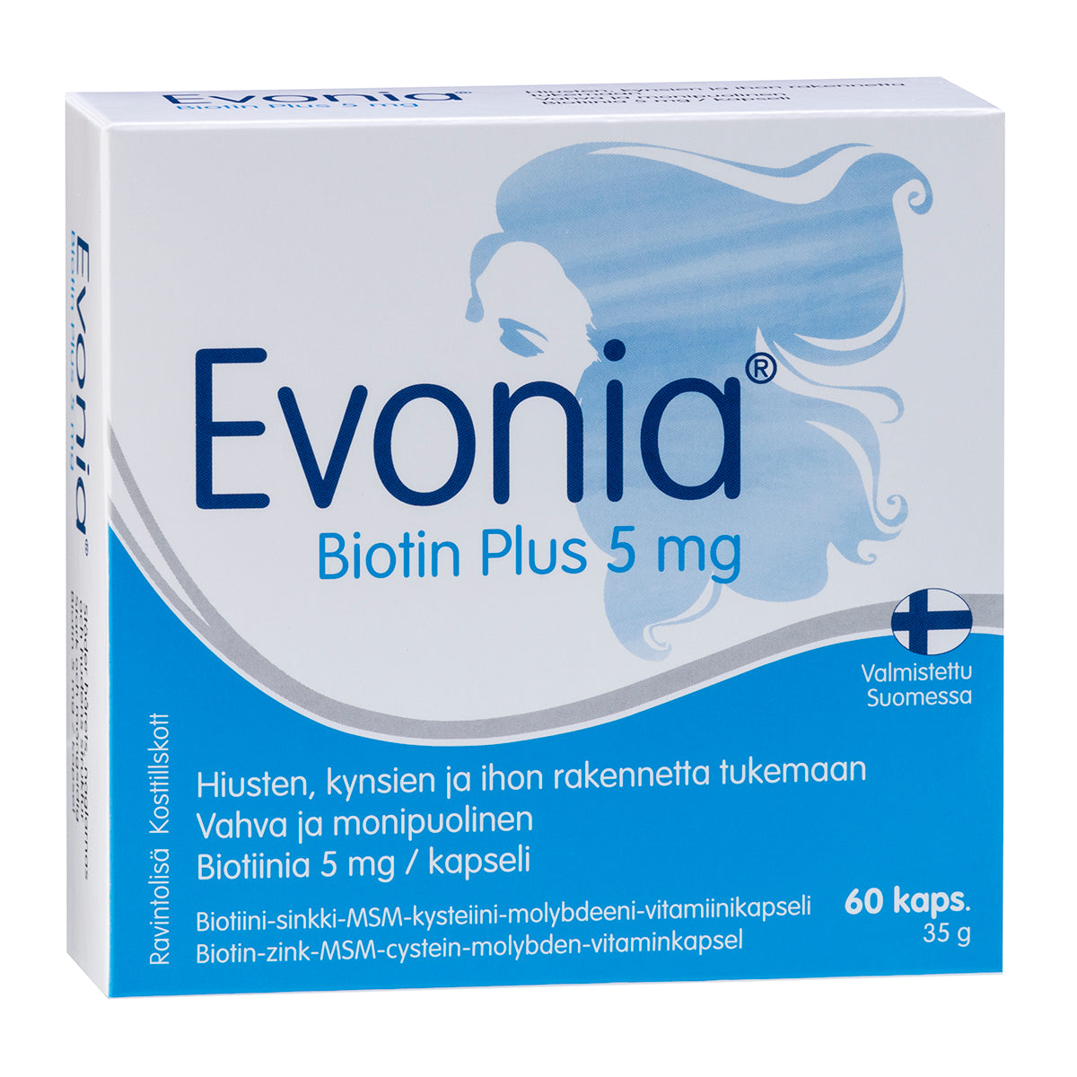 Una confezione di Hankintatukku Evonia Biotin Plus presenta un packaging bianco e blu con l'immagine di una donna dai capelli fluenti, i dettagli del prodotto in finlandese, 60 capsule per il benessere di capelli, unghie e pelle, e sottolinea che è prodotto in Finlandia.
