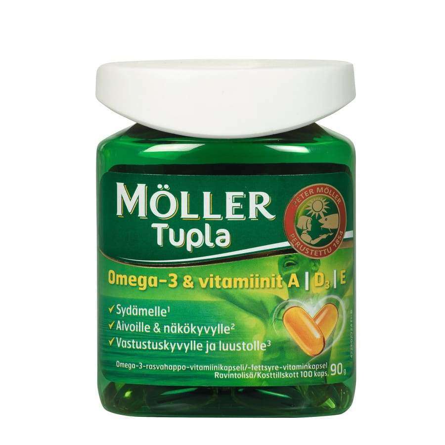 Il Möller Double Omega-3 di Möller è contenuto in un flacone verde con tappo bianco, perfetto per conservare integratori come le vitamine A, D ed E che aiutano a rafforzare il sistema immunitario.