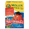 Una vivace confezione di Möller Omega-3 Little Fishes mostra un pesce cartoon con un cappello da laurea su uno sfondo blu, con testo in finlandese che evidenzia la vitamina D, il supporto cerebrale e 72 caramelle gommose al gusto di frutti di bosco. Marca: Möller.